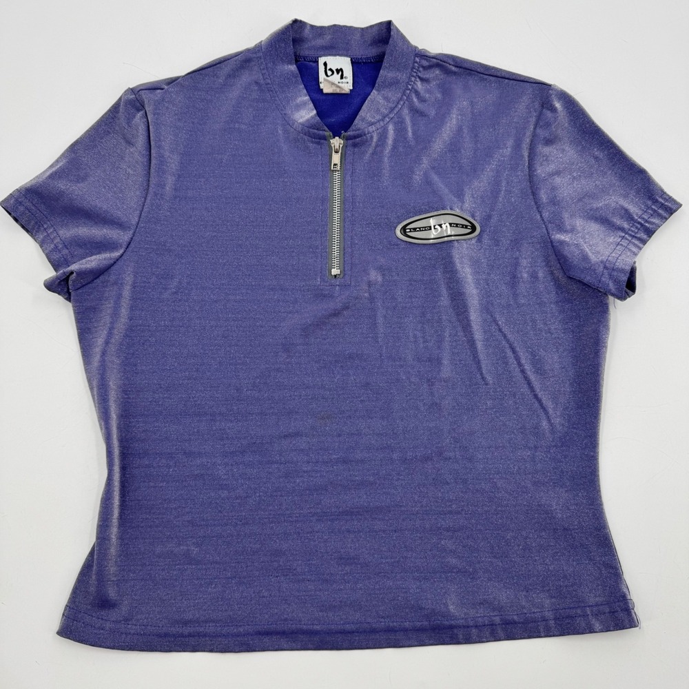 BLANC NOIR Purple Metallic‎ Top Short Sleeve Zip Up Blouse Medium vintage USA